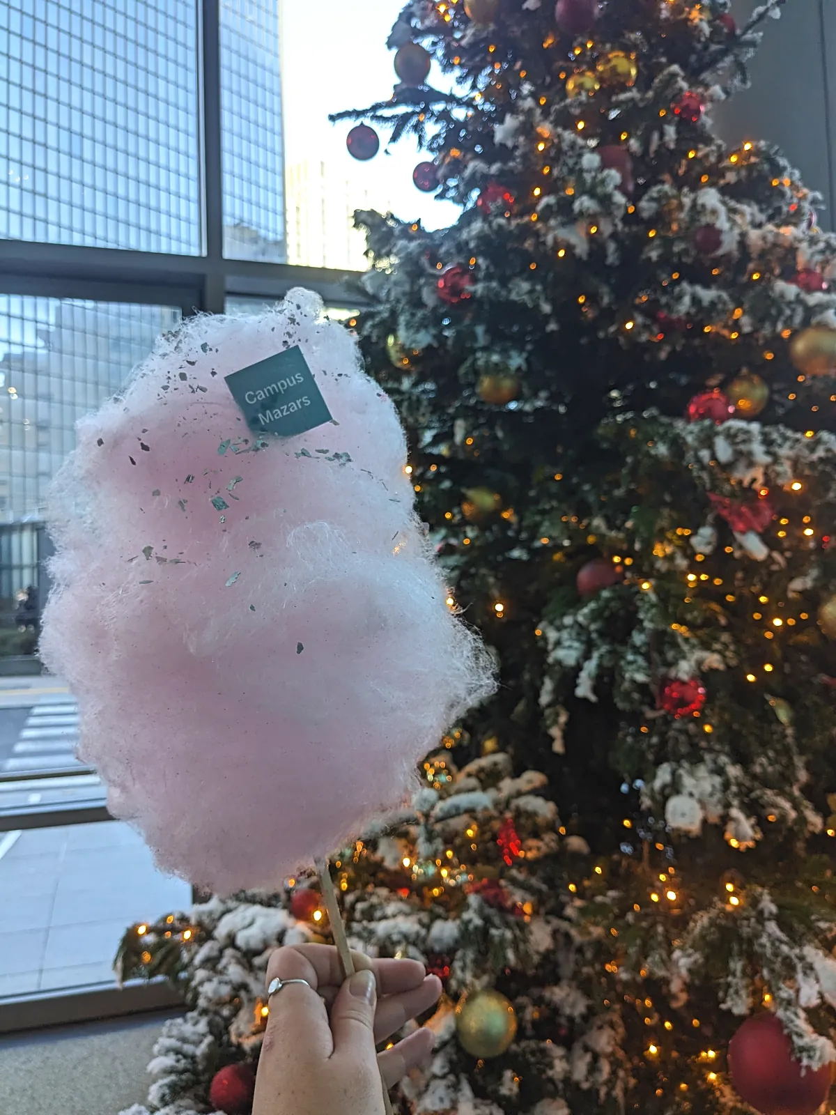 Barbe à papa avec pastille personnalisée au logo du client, devant le sapin de Noël du hall
