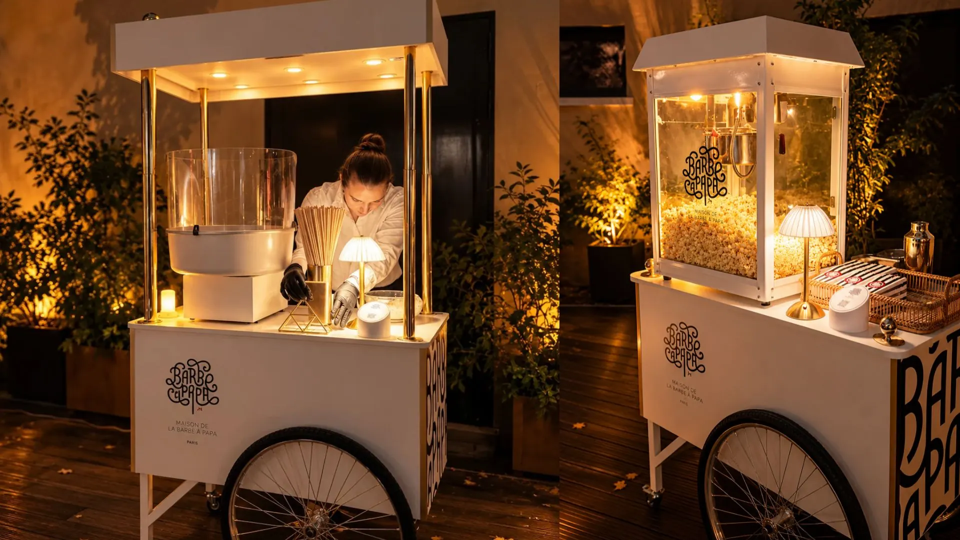 Charrettes pop-corn et barbe à papa de la Maison de la Barbe à Papa illuminées le soir
