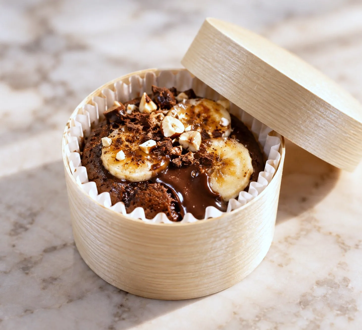 Fondant au chocolat de la Raclette Choco, banane et éclats, dans sa boîte en bois