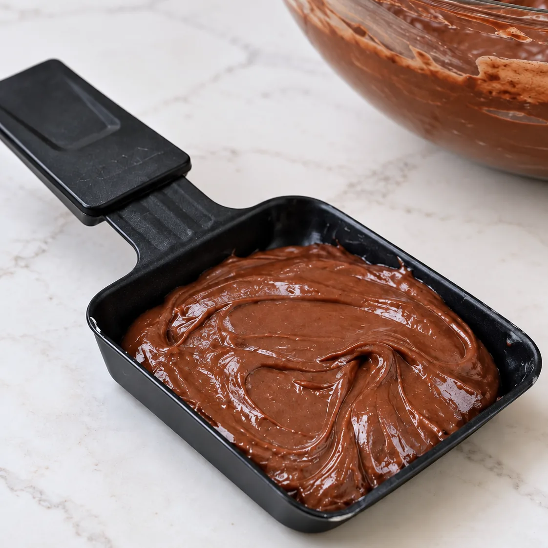 Pâte à fondant au chocolat versée dans un poêlon à raclette, prête à cuire