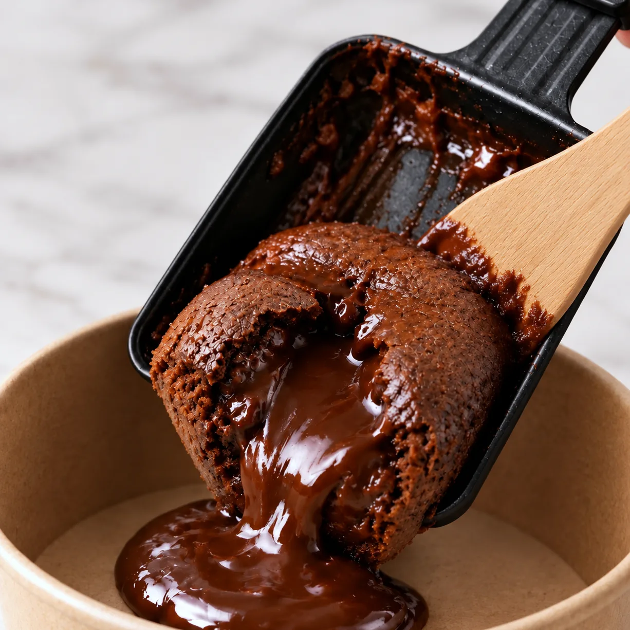 Démoulage de la Raclette Choco à la spatule en bois : le fondant glisse du poêlon dans son pot, cœur au chocolat coulant