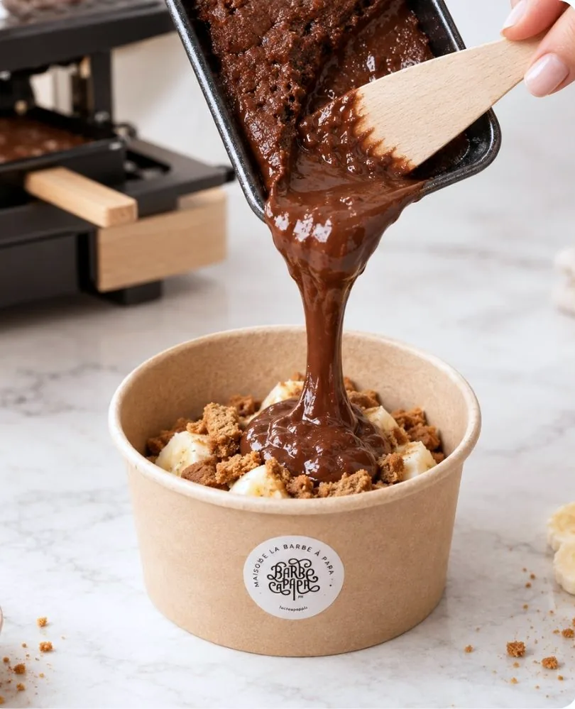 La Raclette Choco : fondant au chocolat coulant versé du poêlon à raclette sur la banane et le spéculoos